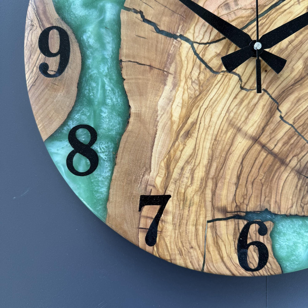 Large Wooden Epoxy Wall Clock – Handmade Olive Wood Resin Clock, Unique Housewarming Gift
