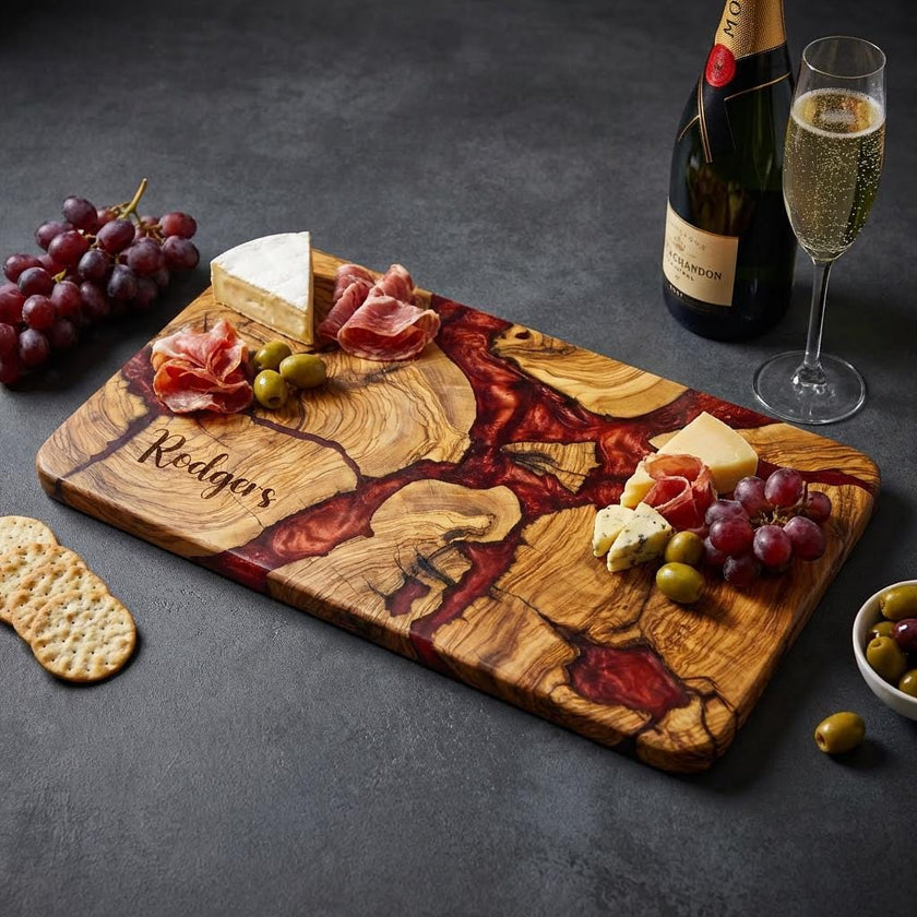 Personalized Olive Wood Epoxy Charcuterie Board – Handmade Resin Serving Board