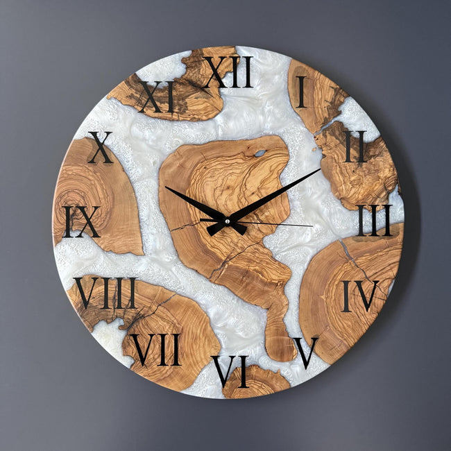 Personalized Olive Wood Epoxy Wall Clock – Handmade Resin Wood Clock, Unique Rustic Art Clock, Luxury Housewarming Gift