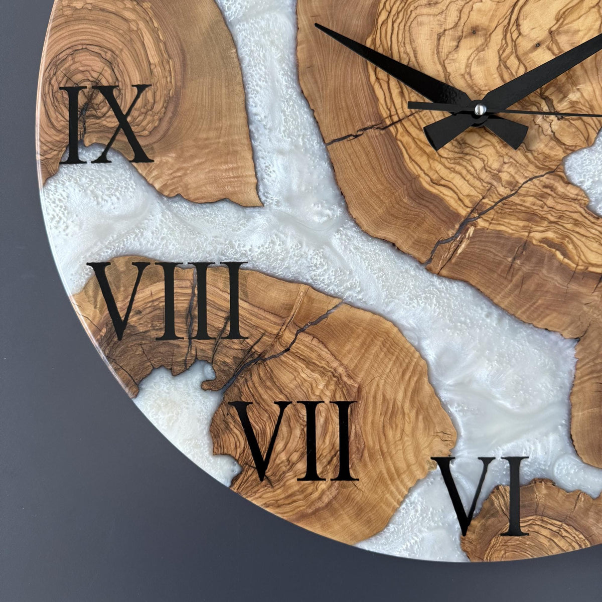 Personalized Olive Wood Epoxy Wall Clock – Handmade Resin Wood Clock, Unique Rustic Art Clock, Luxury Housewarming Gift