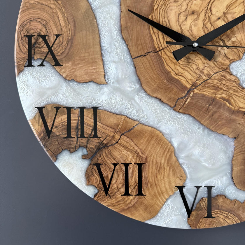 Personalized Olive Wood Epoxy Wall Clock – Handmade Resin Wood Clock, Unique Rustic Art Clock, Luxury Housewarming Gift