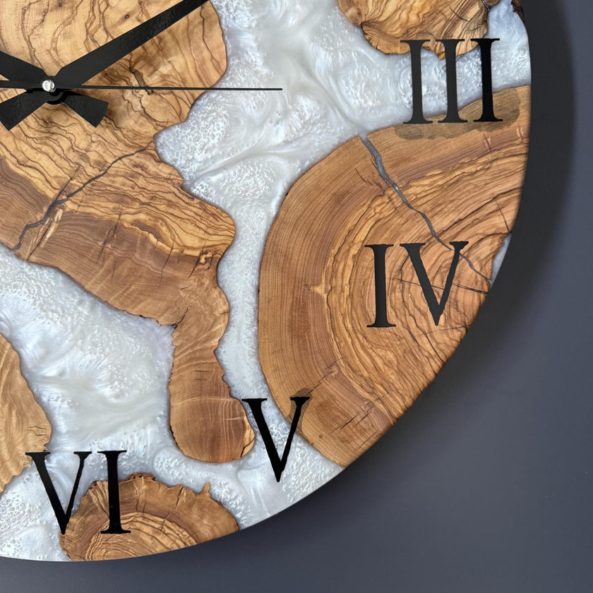 Personalized Olive Wood Epoxy Wall Clock – Handmade Resin Wood Clock, Unique Rustic Art Clock, Luxury Housewarming Gift