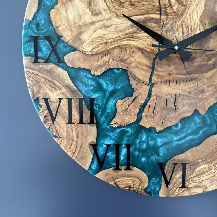Minimalist Olive Wood Epoxy Wall Clock – Modern Resin Wood Clock, Aesthetic Wall Decor