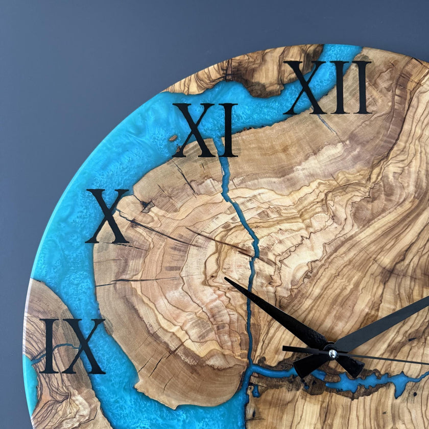 Large Epoxy Resin Olive Wood Wall Clock – Statement Wooden Wall Art, Handmade Unique Clock