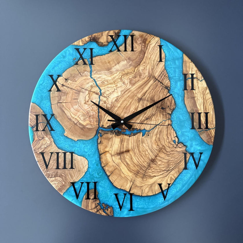 Custom Olive Wood Epoxy Wall Clock – Personalized Resin Wood Clock, Made to Order Any Size & Color