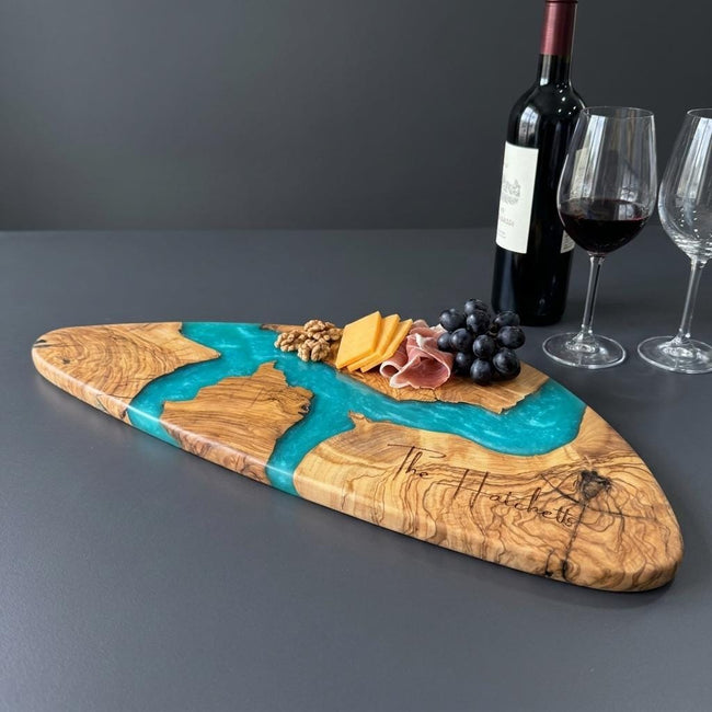 Turquoise Epoxy Olive Wood Charcuterie Board, Handmade Cheese Board, Grazing Platter
