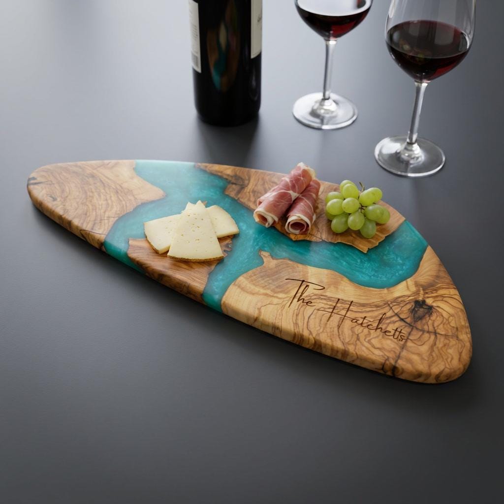 Turquoise Epoxy Olive Wood Charcuterie Board, Handmade Cheese Board, Grazing Platter
