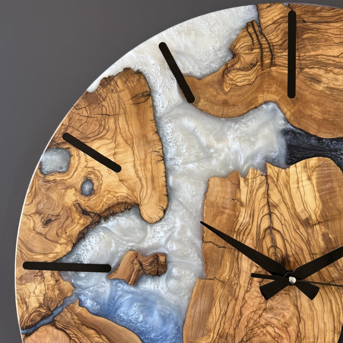 Unique Olive Wood Epoxy Wall Clock – Handmade Resin Wood Clock, Meaningful Housewarming Gift