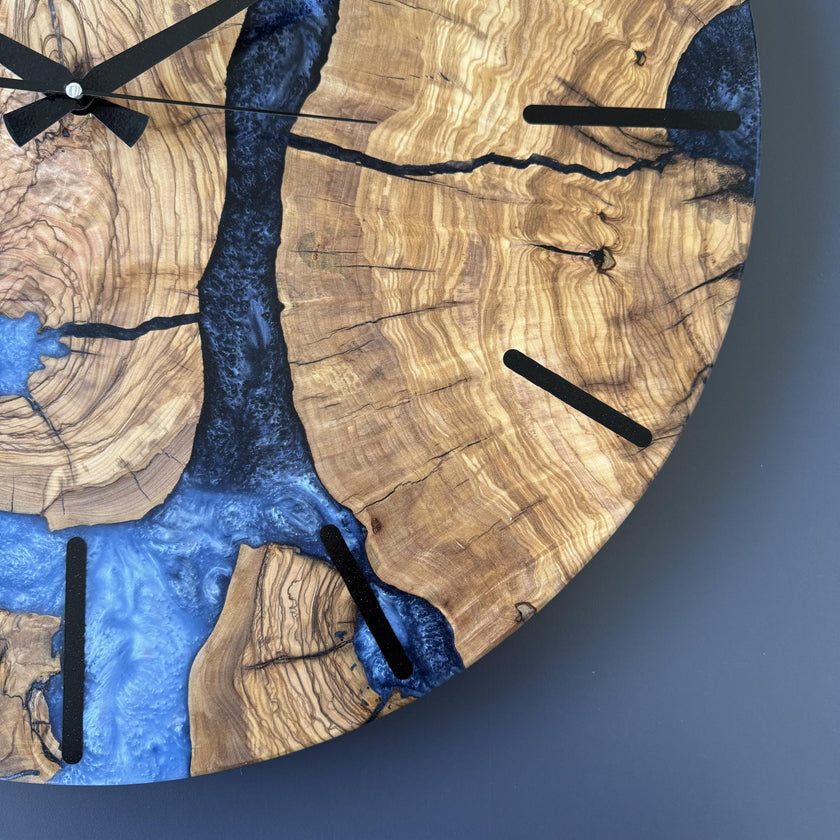 Unique Olive Wood Epoxy Wall Clock – Handmade Resin Wood Clock, Meaningful Housewarming Gift