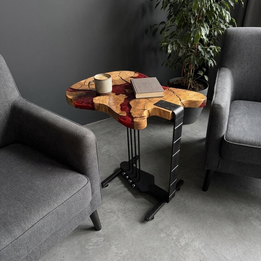 Unique Guitar Shaped Side Table | Epoxy Resin River End Table with Olive Wood | Musician Gift