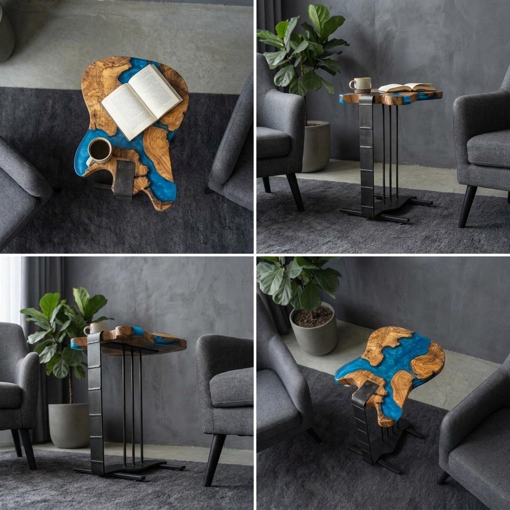 Epoxy Resin Guitar Table | Live Edge Olive Wood Side Table | Music Decor for Home Studio
