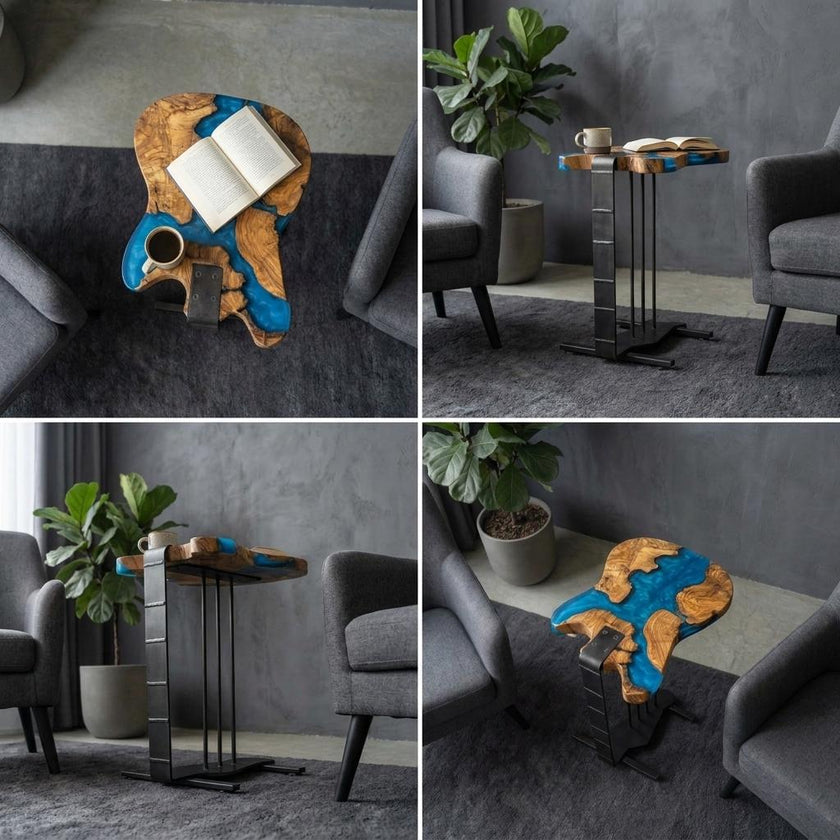 Epoxy Resin Guitar Table | Live Edge Olive Wood Side Table | Music Decor for Home Studio