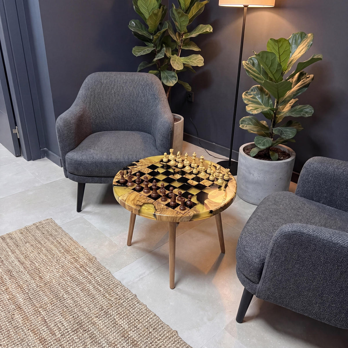 Epoxy Olive Wood Chess Table, Handmade Resin Chess Coffee Table, Luxury Wooden Chess Board Table