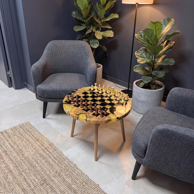Epoxy Olive Wood Chess Table, Handmade Resin Chess Coffee Table, Luxury Wooden Chess Board Table