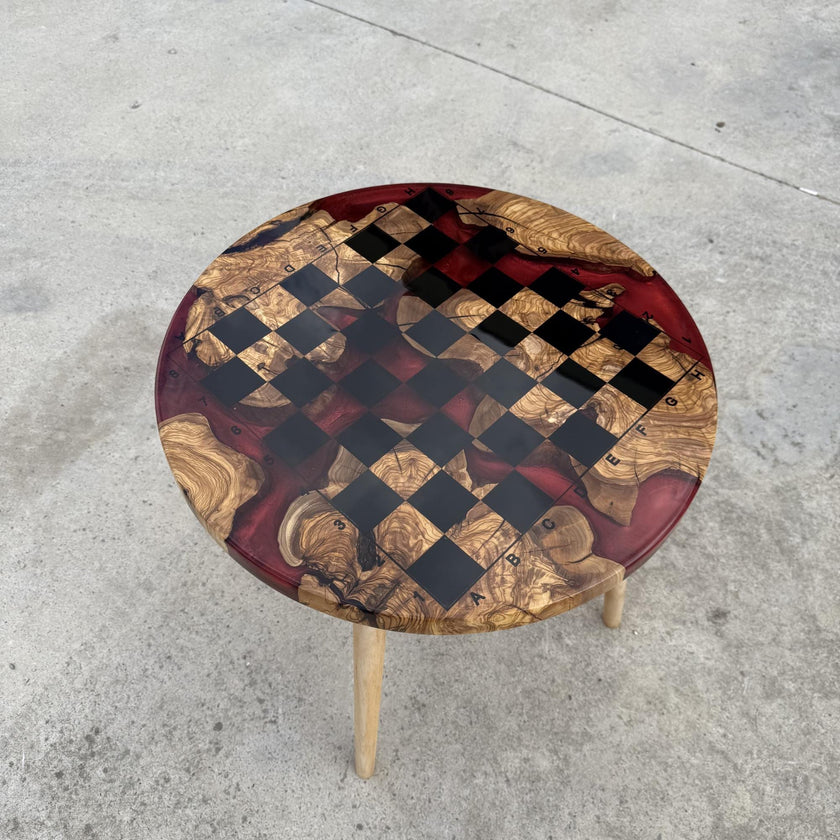 Epoxy Olive Wood Chess Table, Handmade Resin Chess Coffee Table, Luxury Wooden Chess Board Table