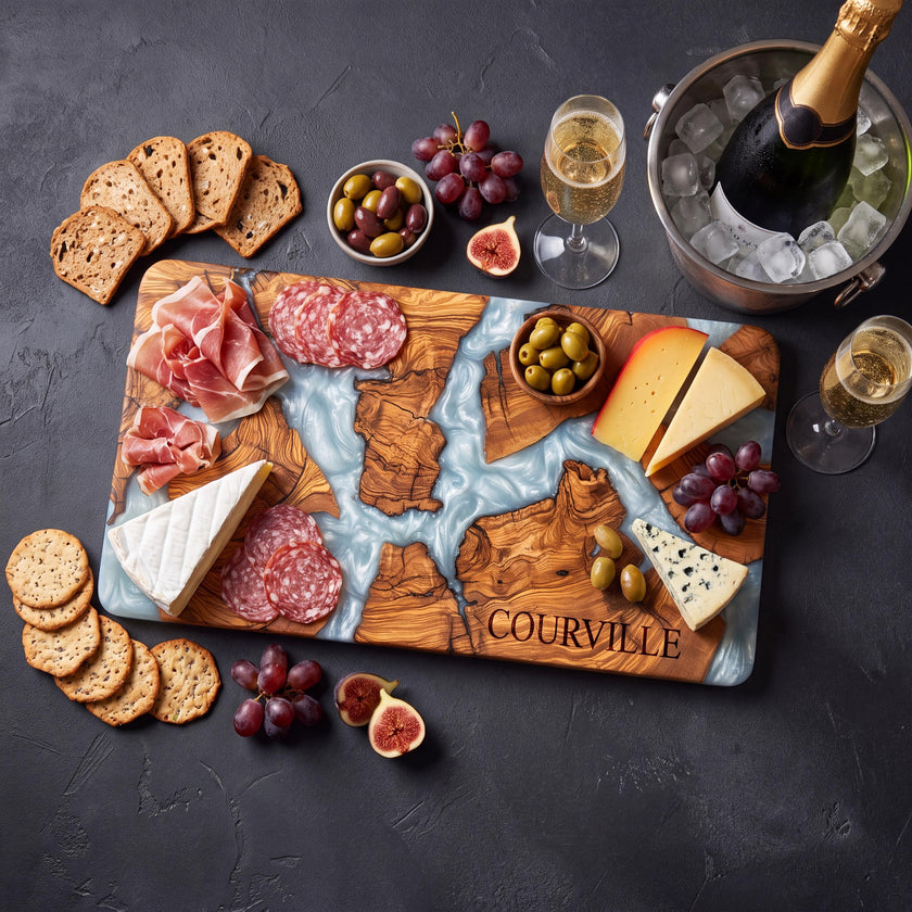 Artisan Olive Wood Serving Board with Epoxy Resin | Handmade Grazing Board | Wooden Cheese Platter | Luxury Kitchen Gift | Rustic Home Decor