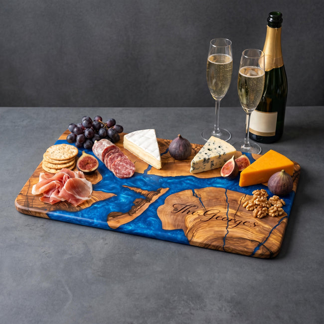 Artisan Olive Wood Serving Board with Epoxy Resin | Handmade Grazing Board | Wooden Cheese Platter | Luxury Kitchen Gift | Rustic Home Decor