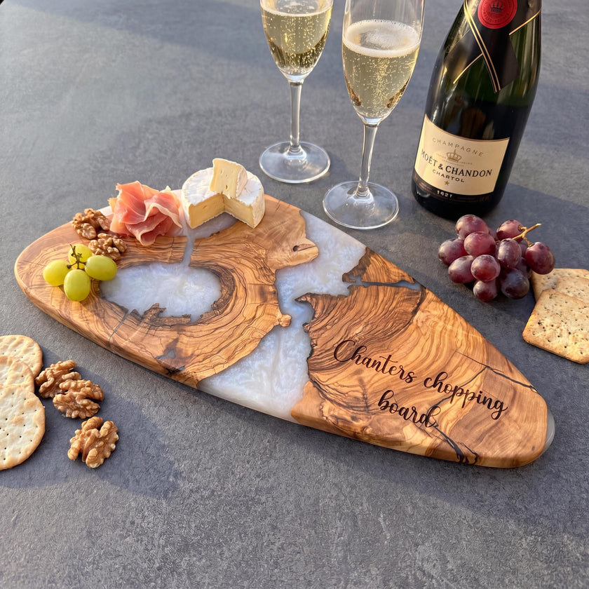 Modern Olive Wood Charcuterie Board | Organic Oval Serving Plate | Handmade Epoxy Resin Cheese Board | Unique Kitchen Gift
