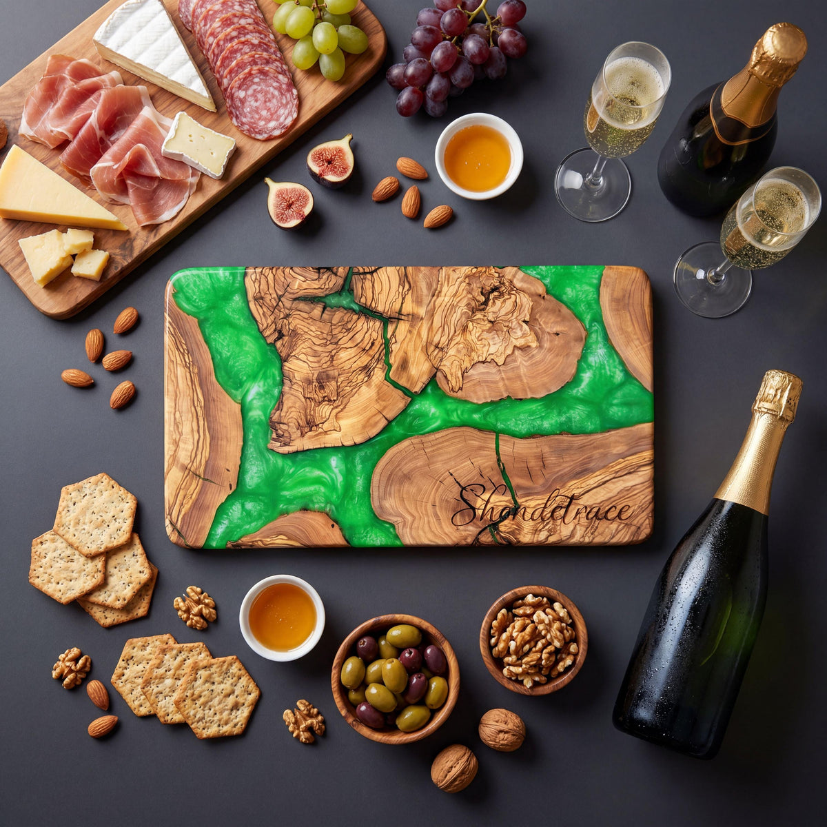 Handmade Olive Wood Serving Board with Epoxy Resin | Artisan Charcuterie Board | Cheese Platter | Rustic Kitchen Decor