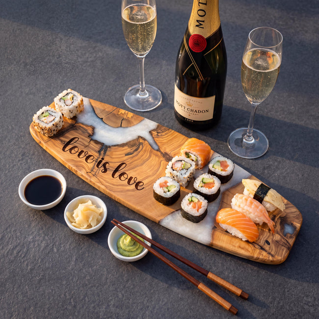 Olive Wood Sushi Board with Epoxy Resin | Handmade Sashimi Serving Board | Japanese Style Serving Tray | Charcuterie Board | Kitchen Gift
