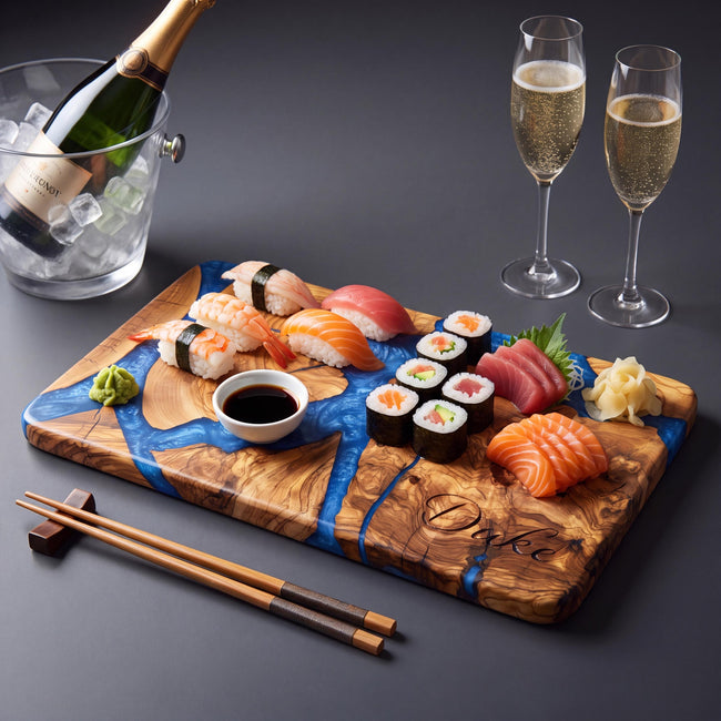 Handmade Olive Wood Sushi Board with Epoxy Resin | Large Sushi Serving Platter | Charcuterie Board | Wooden Cheese Board | Kitchen Gift