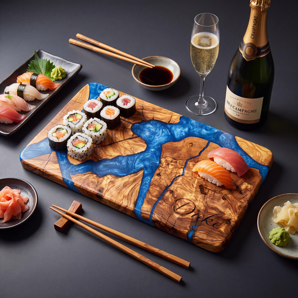 Handmade Olive Wood Sushi Board with Epoxy Resin | Large Sushi Serving Platter | Charcuterie Board | Wooden Cheese Board | Kitchen Gift