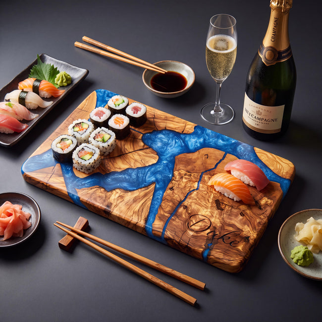 Handmade Olive Wood Sushi Board with Epoxy Resin | Large Sushi Serving Platter | Charcuterie Board | Wooden Cheese Board | Kitchen Gift