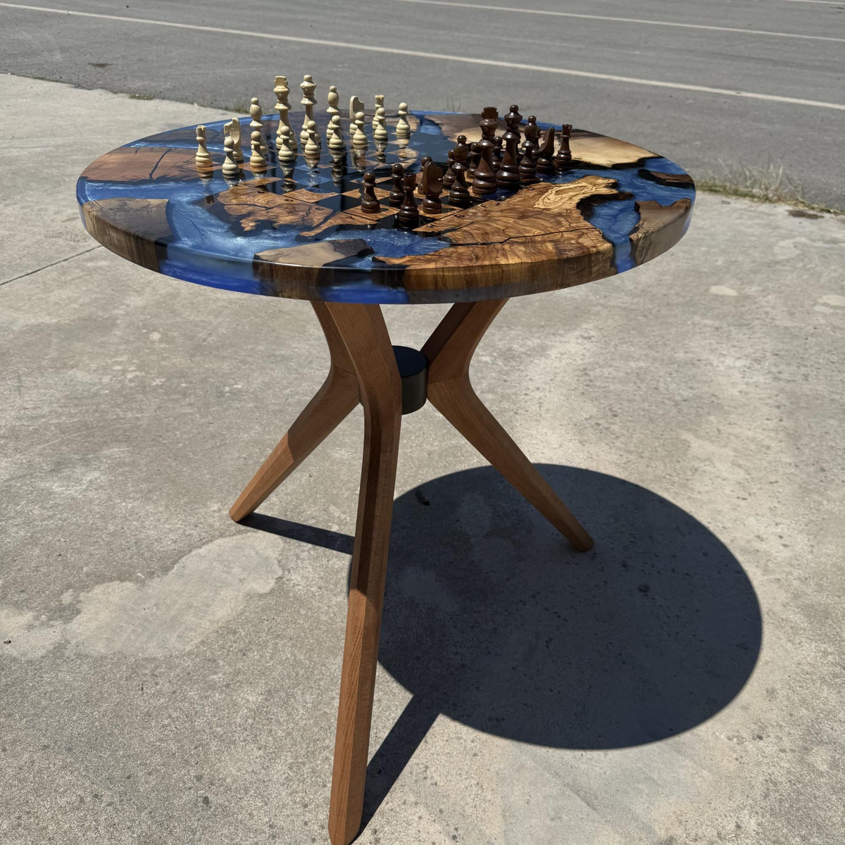 Handmade Olive Wood Epoxy Chess Table, Round Game Furniture, Modern Resin Game Board