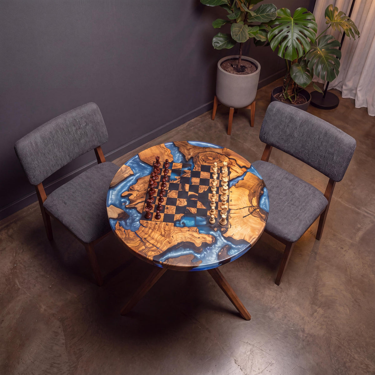 Handmade Olive Wood Epoxy Chess Table, Round Game Furniture, Modern Resin Game Board