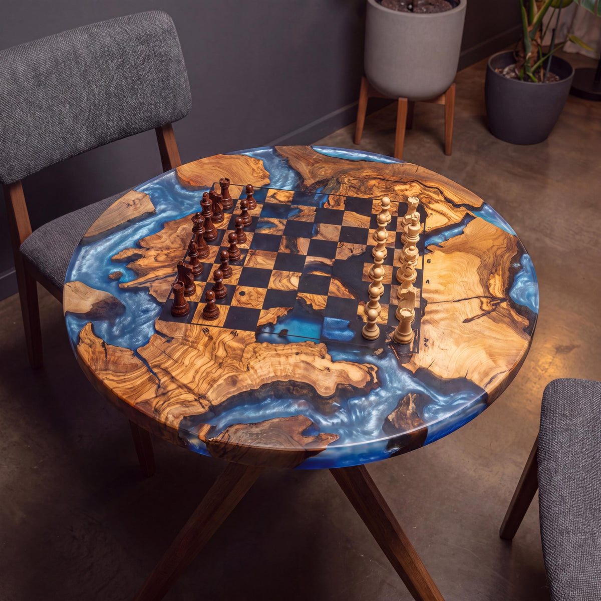 Handmade Olive Wood Epoxy Chess Table, Round Game Furniture, Modern Resin Game Board