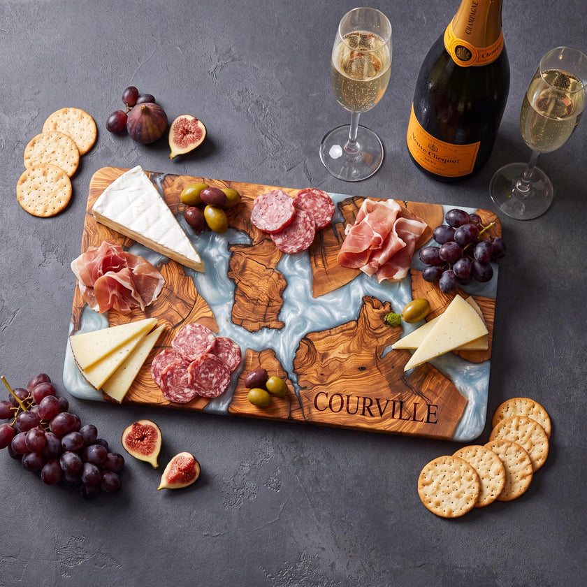 Handmade Olive Wood Serving Board with Epoxy Resin | Artisan Charcuterie Board | Cheese Platter | Rustic Kitchen Decor
