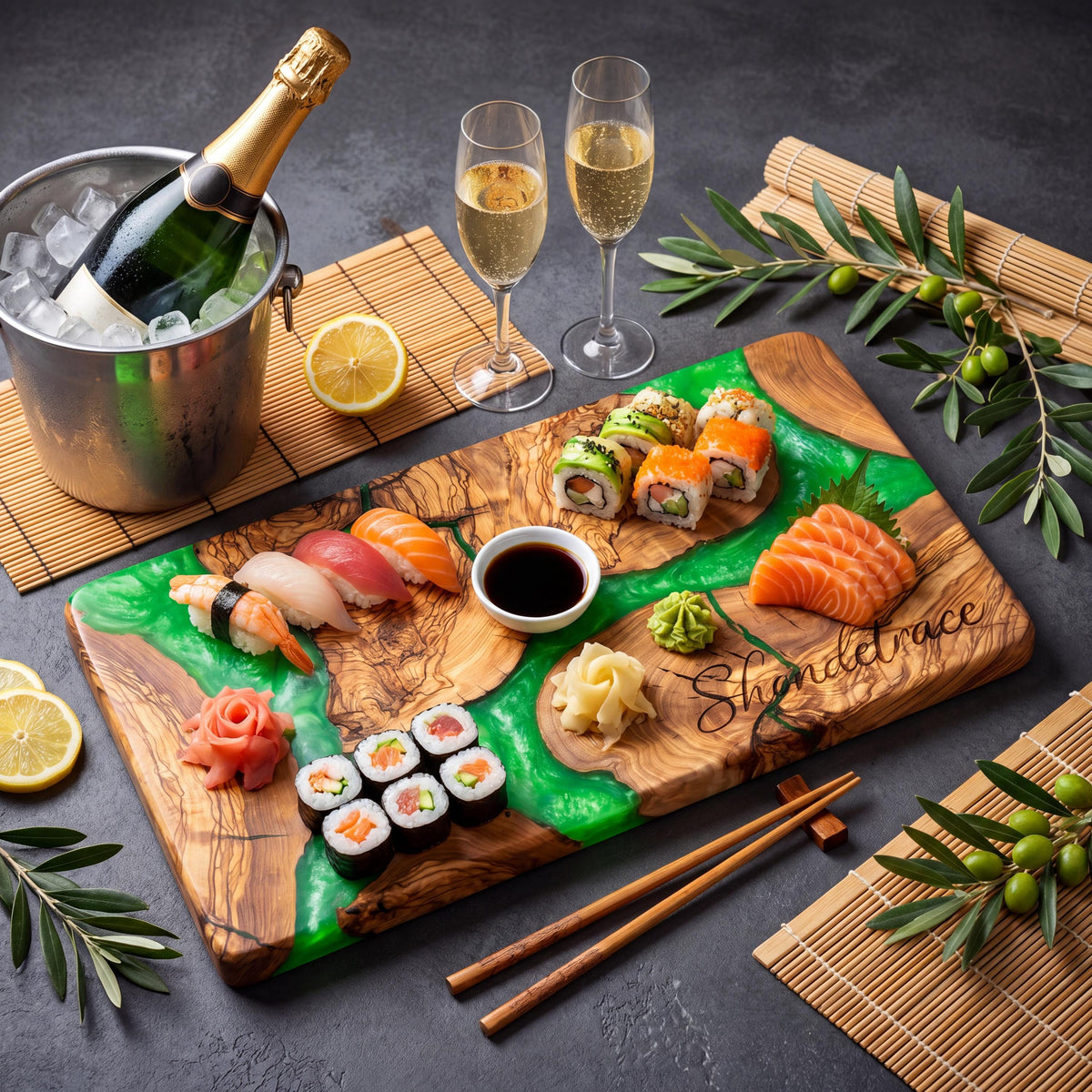 Olive Wood Sushi Board with Epoxy Resin | Handmade Serving Board | Japanese Style Sushi Platter | Charcuterie Board | Housewarming Gift