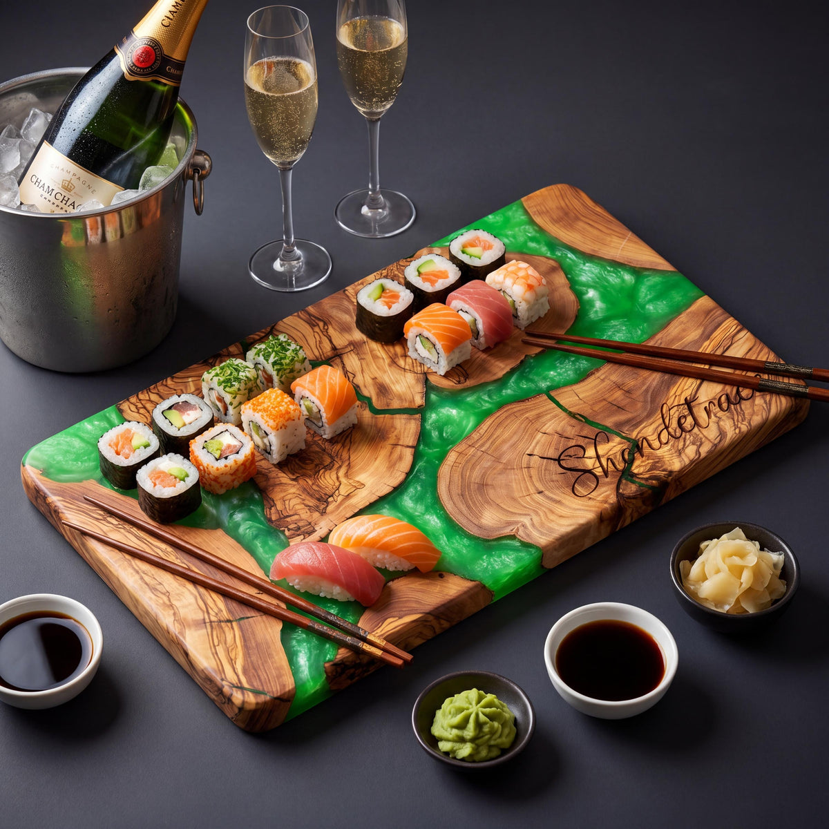 Handmade Olive Wood Sushi Board with Epoxy Resin | Large Sushi Serving Platter | Charcuterie Board | Wooden Cheese Board | Kitchen Gift