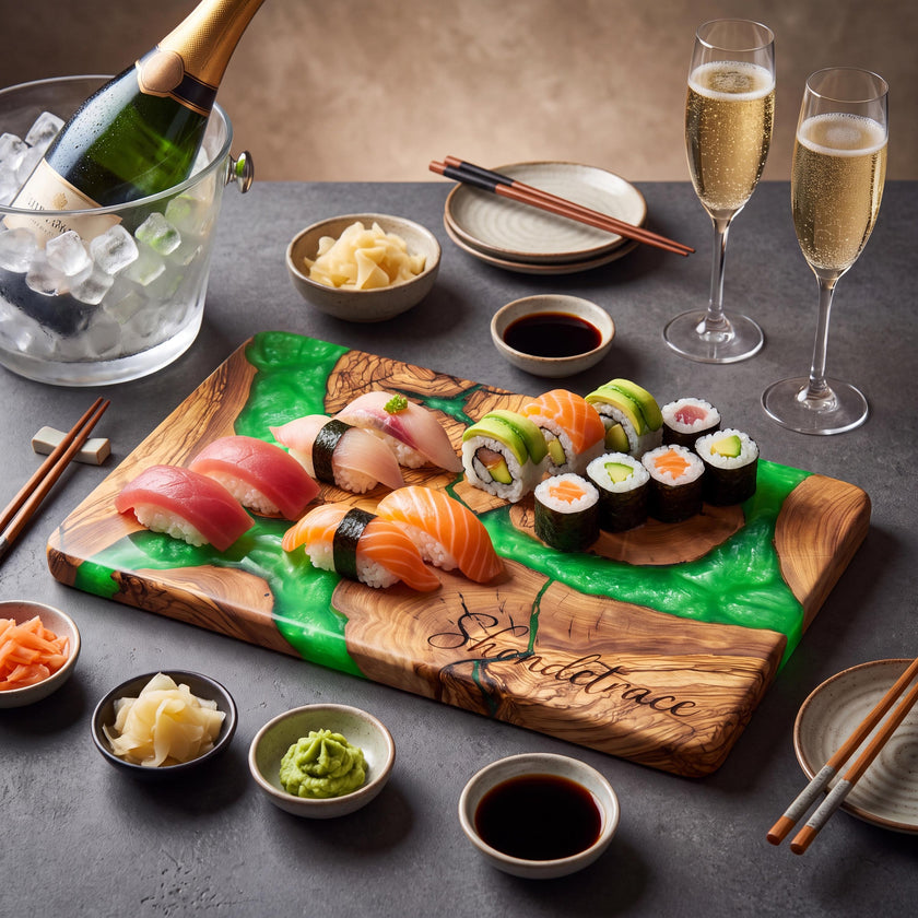 Handmade Olive Wood Sushi Board with Epoxy Resin | Large Sushi Serving Platter | Charcuterie Board | Wooden Cheese Board | Kitchen Gift