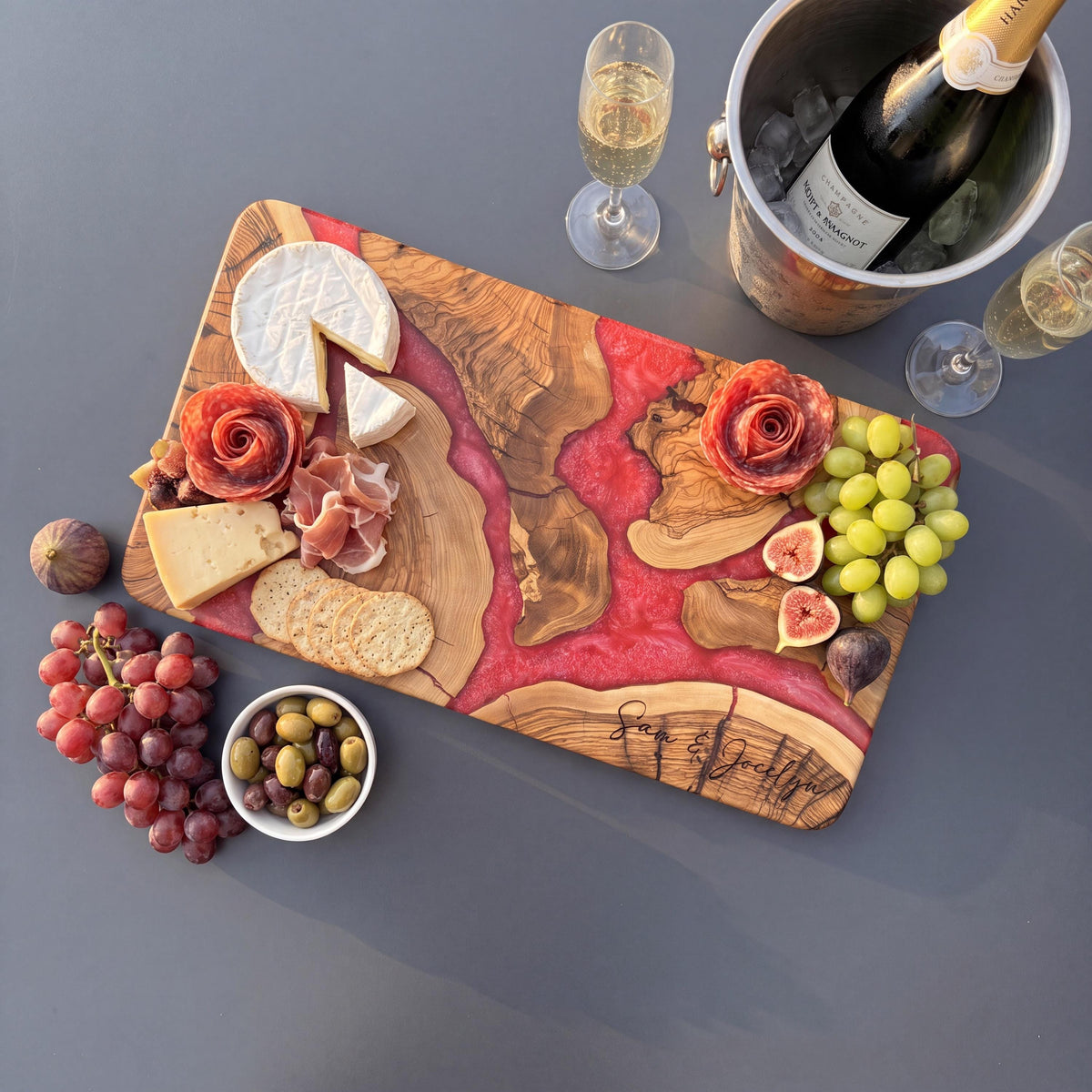 Handmade Olive Wood Serving Board with Epoxy Resin | Artisan Charcuterie Board | Cheese Platter | Rustic Kitchen Decor