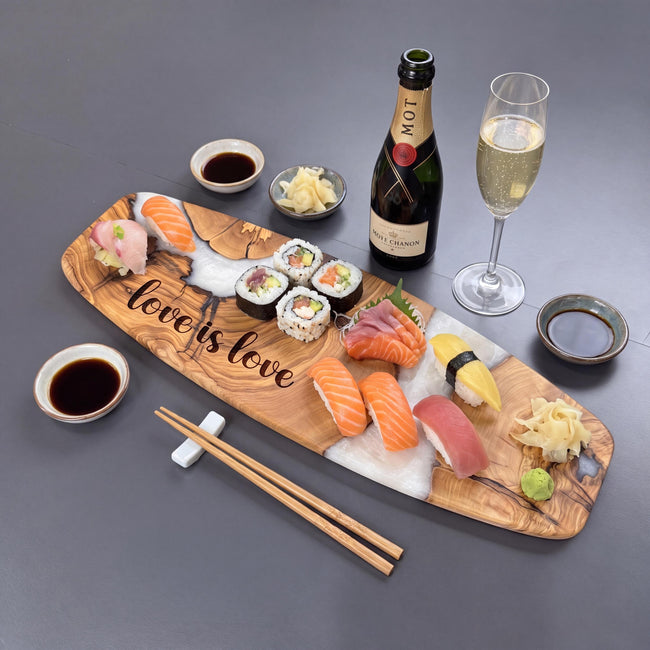 Olive Wood Sushi Board with Epoxy Resin | Handmade Sashimi Serving Board | Japanese Style Serving Tray | Charcuterie Board | Kitchen Gift