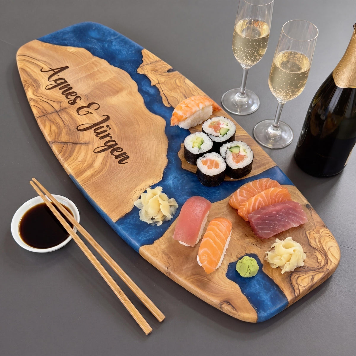 Olive Wood Sushi Board with Epoxy Resin | Handmade Sashimi Serving Board | Japanese Style Serving Tray | Charcuterie Board | Kitchen Gift