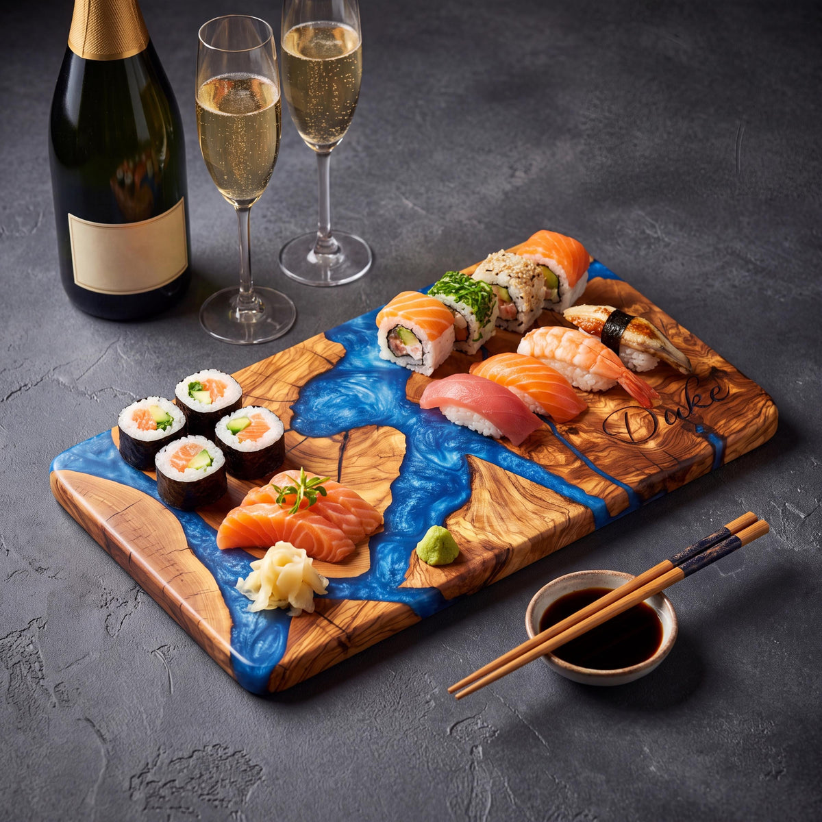 Handmade Olive Wood Sushi Board with Epoxy Resin | Large Sushi Serving Platter | Charcuterie Board | Wooden Cheese Board | Kitchen Gift