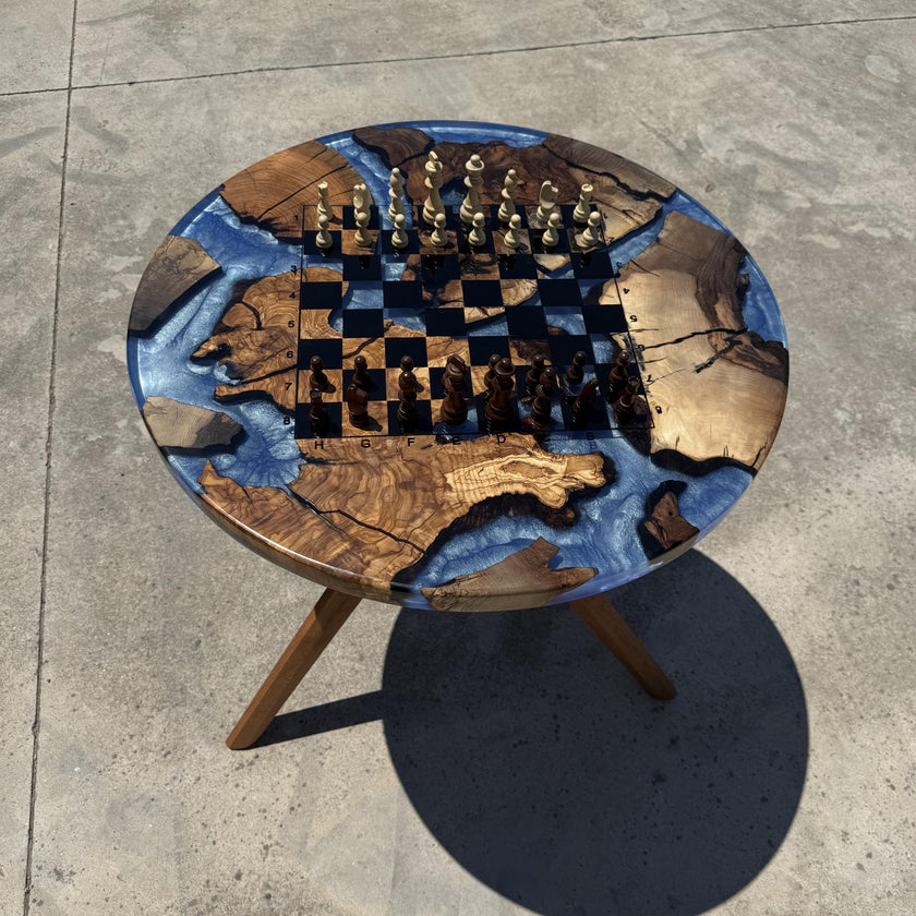 Handmade Olive Wood Epoxy Chess Table, Round Game Furniture, Modern Resin Game Board
