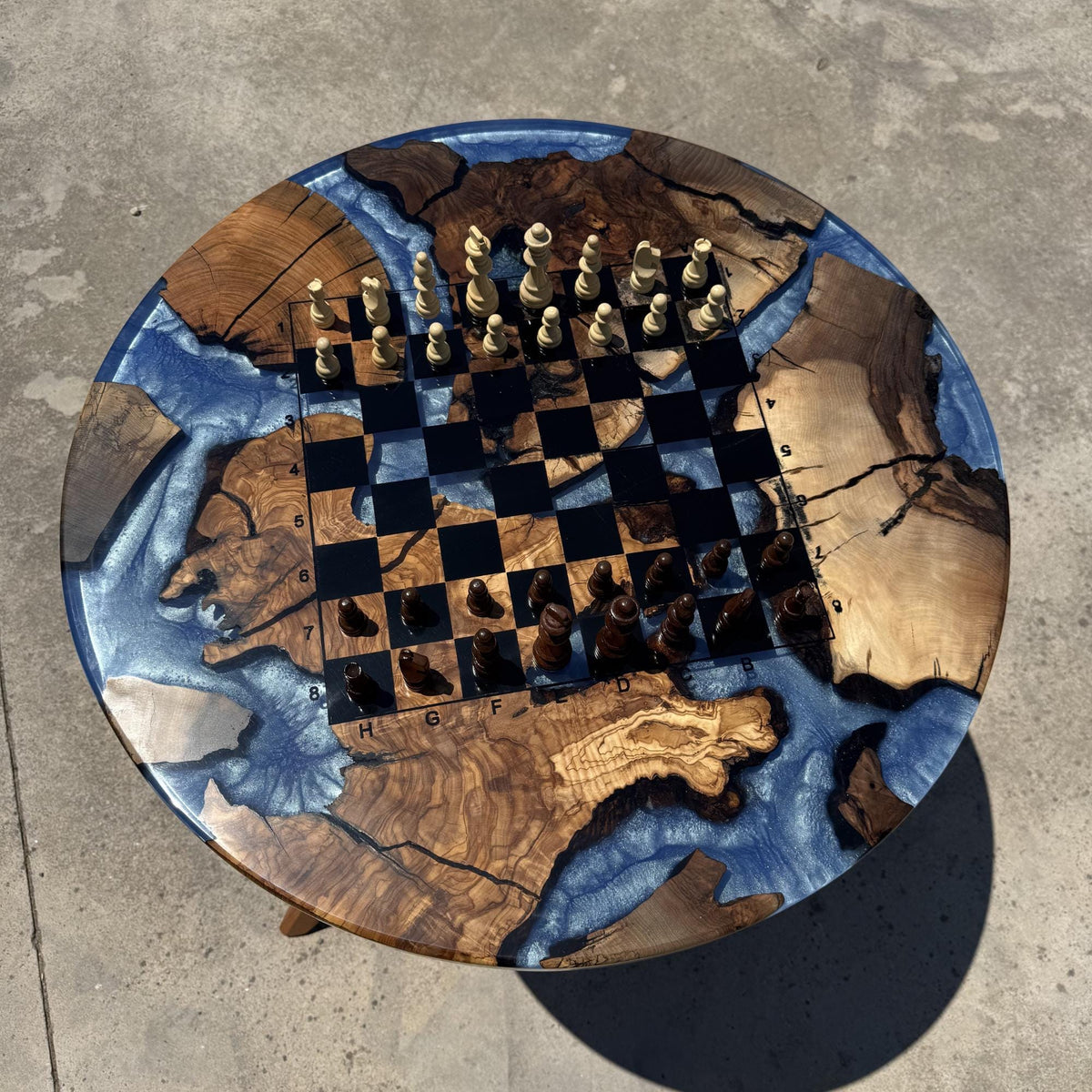 Handmade Olive Wood Epoxy Chess Table, Round Game Furniture, Modern Resin Game Board