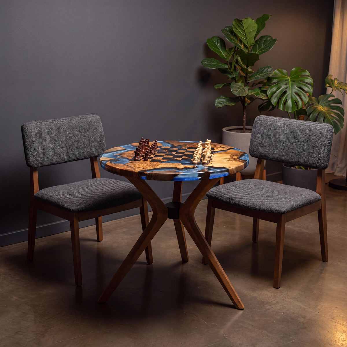 Handmade Olive Wood Epoxy Chess Table, Round Game Furniture, Modern Resin Game Board