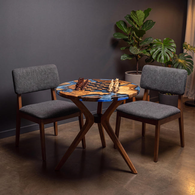 Handmade Olive Wood Epoxy Chess Table, Round Game Furniture, Modern Resin Game Board