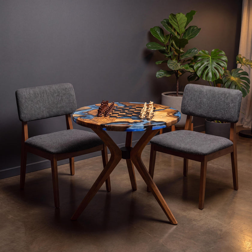 Handmade Olive Wood Epoxy Chess Table, Round Game Furniture, Modern Resin Game Board