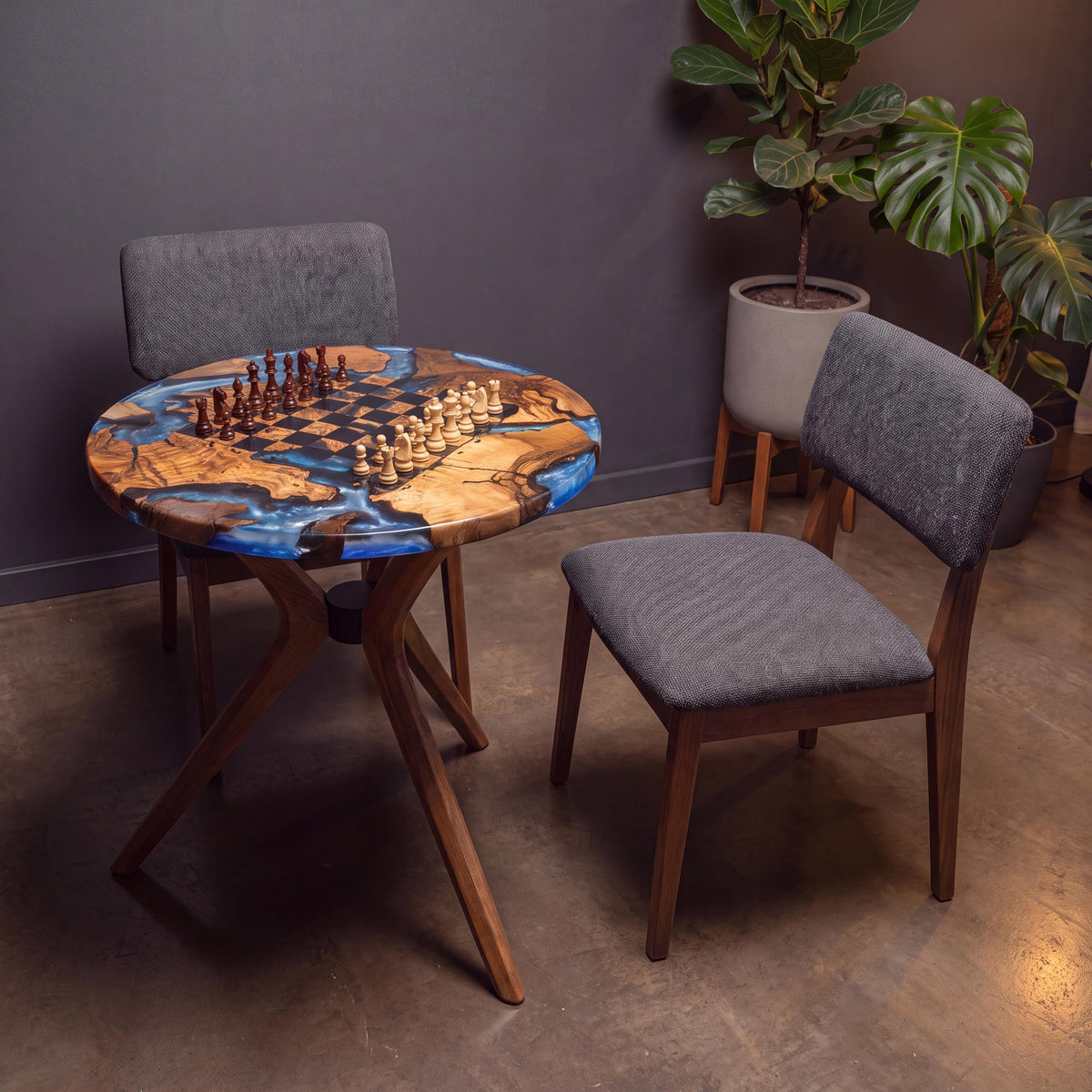 Handmade Olive Wood Epoxy Chess Table, Round Game Furniture, Modern Resin Game Board