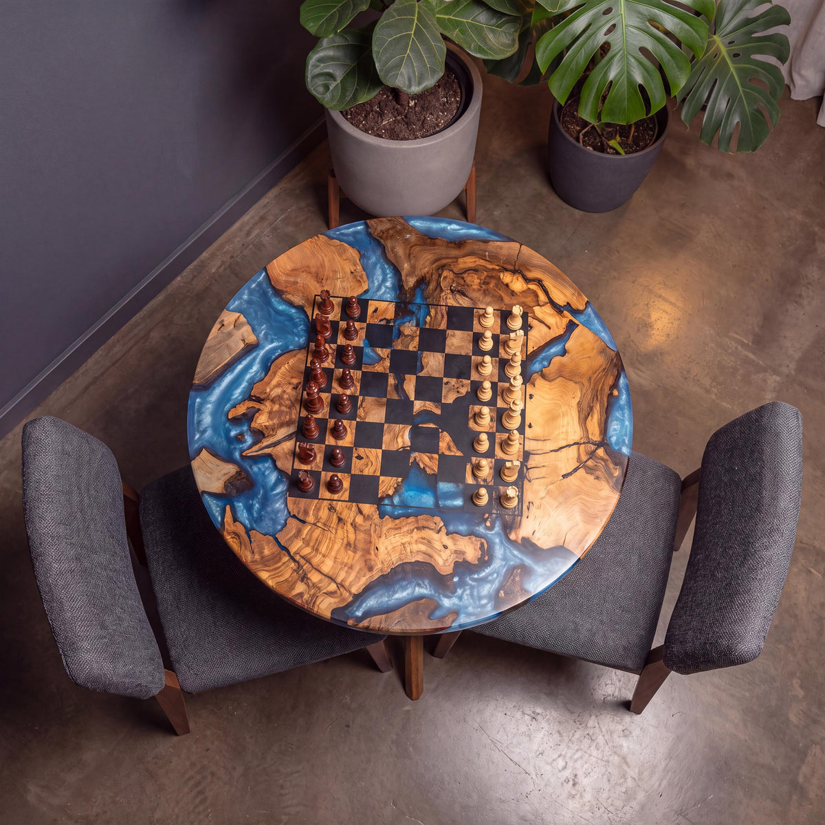 Handmade Olive Wood Epoxy Chess Table, Round Game Furniture, Modern Resin Game Board